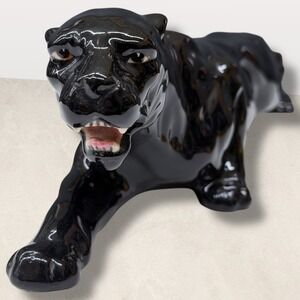 Vintage Mid Century Black Panther Figurine Japan MCM Ceramic Glossy 13.5 Inch